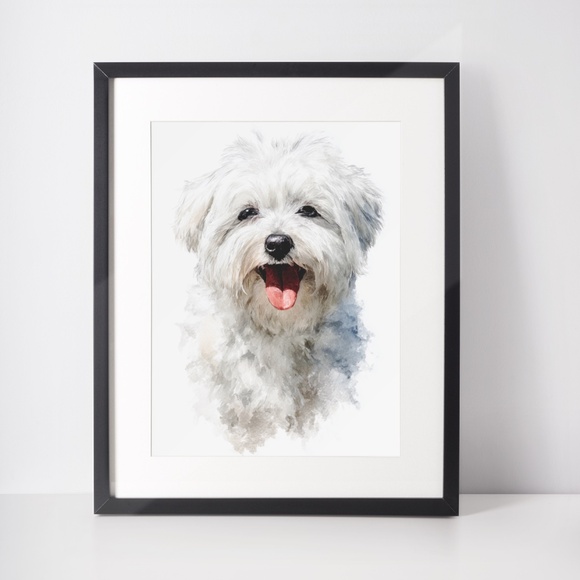 Watercolor White Maltese Dog Portrait Wall Art Print Poster, Unframed - Picture 3 of 6
